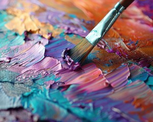 Obraz premium Detailed closeup of an artist painting with a fine brush, vibrant colors, texture of the canvas, artistic creation, meticulous technique, art studio, highdefinition