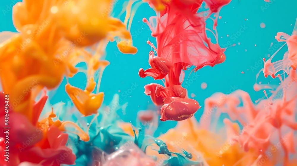Poster a vibrant explosion of colored pigments swirling in water, creating a dynamic and artistic visual ef