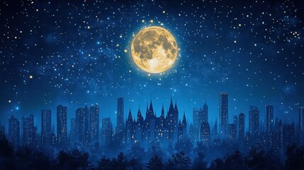 Naklejka premium Magic night sky with fairy dream castle towers, illuminated by a full moon and surrounded by twinkling stars.