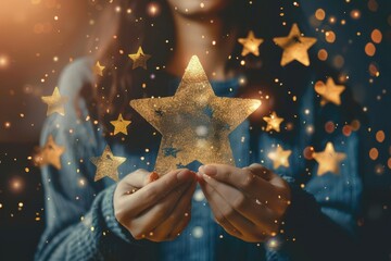 Happy customer leaving a fivestar review online, positive feedback, customer satisfaction, brand loyalty, digital review, excellent service, customer retention