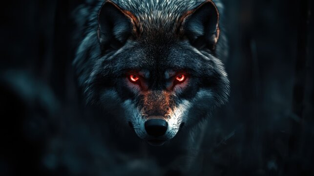 Wolf king face with glowing red eyes stalking the forest, its fur blending with the shadows, creating an aura of mystery and power.