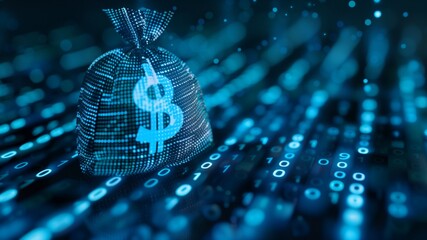 digital blue moneybag with a dollar $ icon with binary code, ai financial transactions fraud detection algorithms, portfolio management and personalized financial planning services
