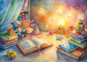 Cozy classroom scene with colorful books and toys scattered around a reading nook, warm lighting, and a comforting atmosphere for learning and discovery.