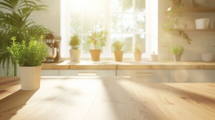 Fototapeta premium Sunlit Kitchen Interior with Potted Plants.