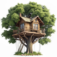 A cozy treehouse built into a large tree with green leaves, symbolizing childhood dreams, adventure, nature, and escapism.