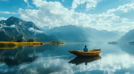 Fototapeta premium A lake surrounded by mountains, a straw boat in the lake, a man fishing on the boat