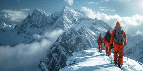 Hikers Ascending a Snowy Mountain Ridge