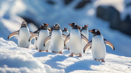 Antarctic bunch of penguins with an ice and snow