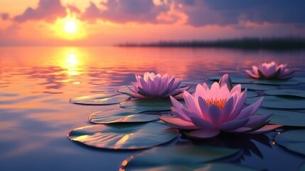 Water lilies at sunset on a tranquil lake, with the sky reflecting in the calm waters and the flowers blooming.