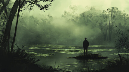 Fototapeta premium man standing in midst of swamp - symbolizing hopelessness and depression