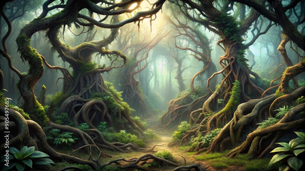 Poster a sunbeam pierces through the dense canopy of a mystical jungle, illuminating a path leading deeper 