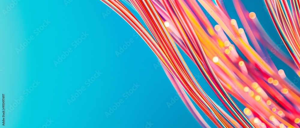 Poster vibrant digital art featuring flowing lines in a spectrum of colors against a soft blue background.