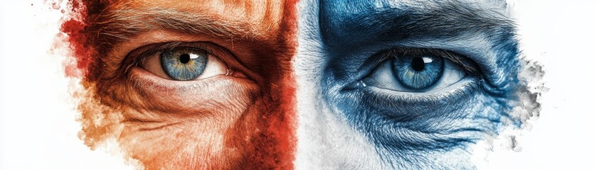 Close-up of a split face with a blue and a red side, both eyes open.