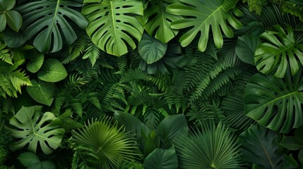 Lush green tropical leaves create a vibrant and textured background. Perfect for nature, jungle, or botanical themes.