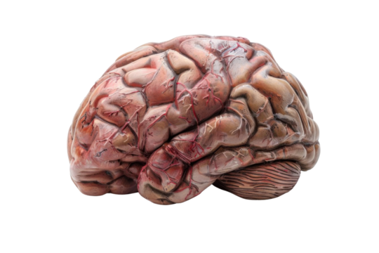 PNG A detailed anatomical model of a human brain showcasing intricate structures and textures for educational and artistic purposes.