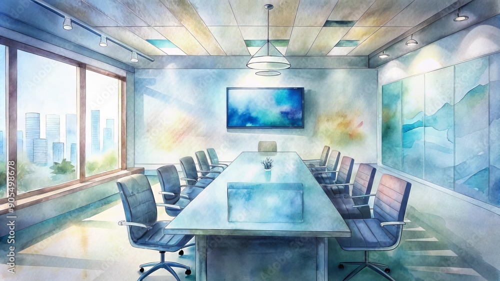 Poster modern conference room with empty chairs and table, featuring a large tv screen displaying a data an