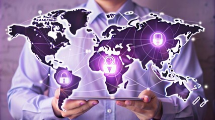 A businessman holds a tablet displaying a world map with lock icons symbolizing cybersecurity, data protection, network security, digital privacy, and global connectivity.