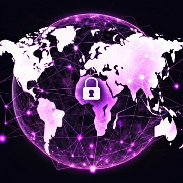 A digital globe with a padlock symbolizing global data security, online protection, internet security, cyber safety, and digital privacy.