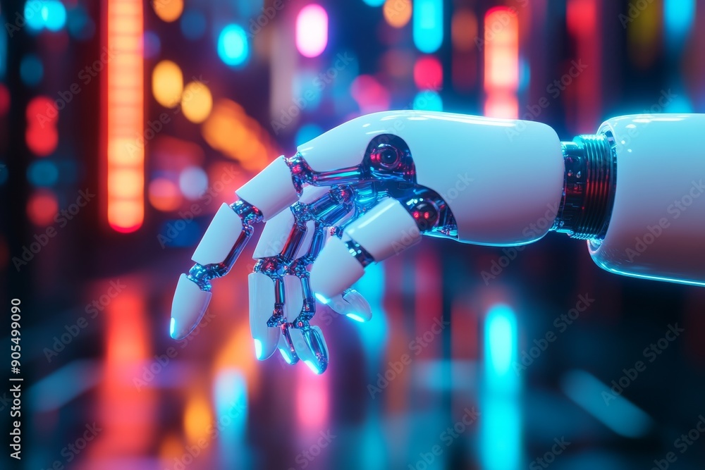 Poster black robotic hand with illuminated red accents portraying power and control in robotic design