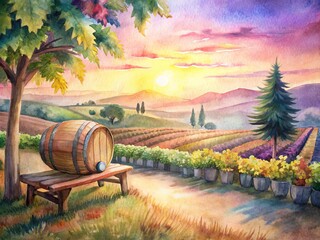 Obraz premium Vineyard scenery with lush green vines, rustic wooden benches, and a wine barrel at sunset, evoking a sense of romance and tranquility.