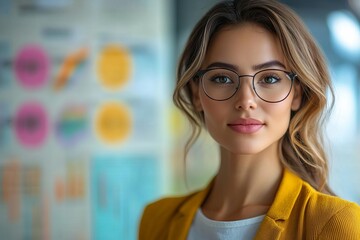 Fototapeta premium A confident woman in a yellow blazer and glasses, standing in an office environment with colorful data charts in the background.