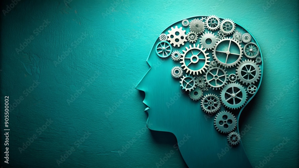 Poster a human head silhouette with gears representing the concept of ideas, innovation, problem-solving, l