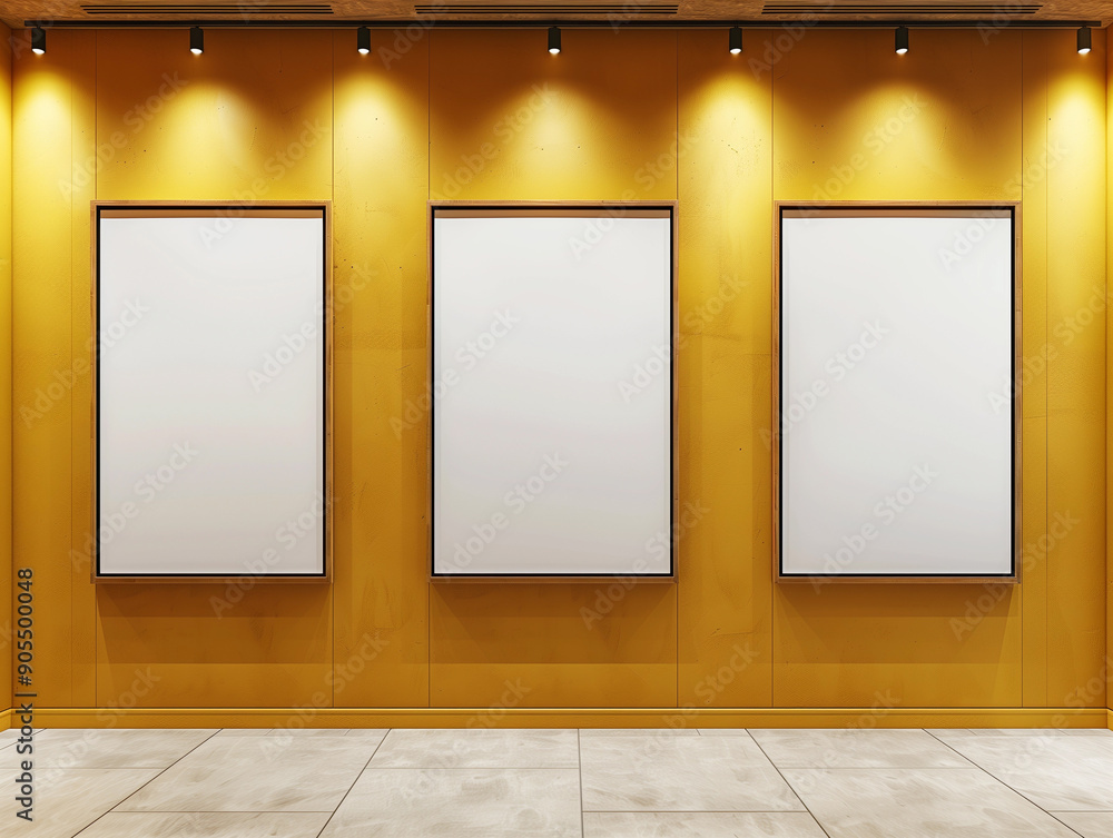 Wall mural frames on a mustard yellow wall , elegant gallery mockup