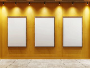 Frames on a mustard yellow wall , elegant gallery mockup 