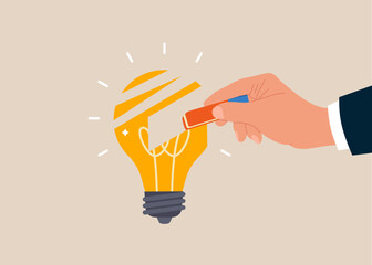 Businessman removed lightbulb idea with eraser. Modern vector illustration in flat style 
