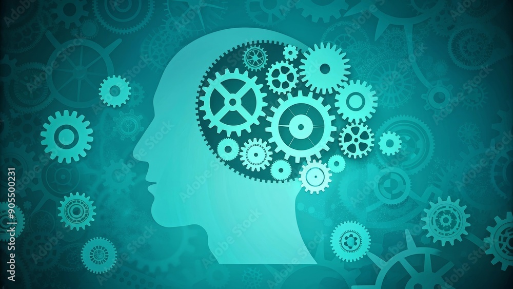 Poster an abstract image representing the human mind with interlocking gears, symbolizing creativity, innov