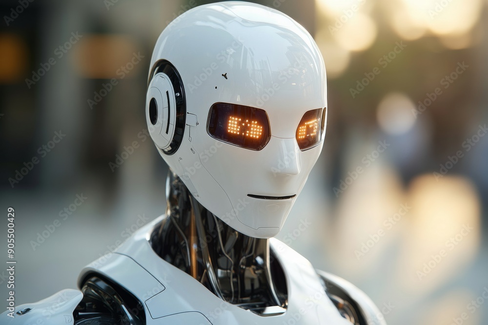 Poster humanoid robot with a reflective head emphasizing the integration of technology in daily life