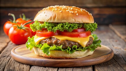 A classic cheeseburger with juicy beef patty, melted cheese, fresh lettuce, and ripe tomatoes, all served on a wooden board. The image represents deliciousness, indulgence, and classic American cuisin