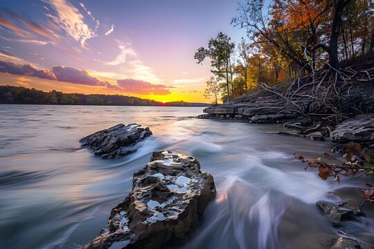 Scenic river view at sunset with flowing water and rocky shoreline.