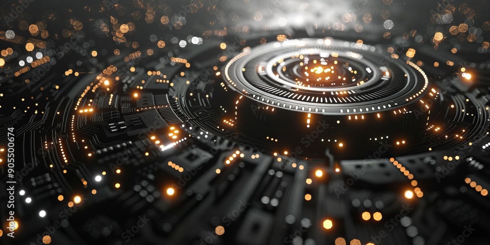 Poster futuristic circuit board with glowing lights and intricate patterns, representing advanced technolog