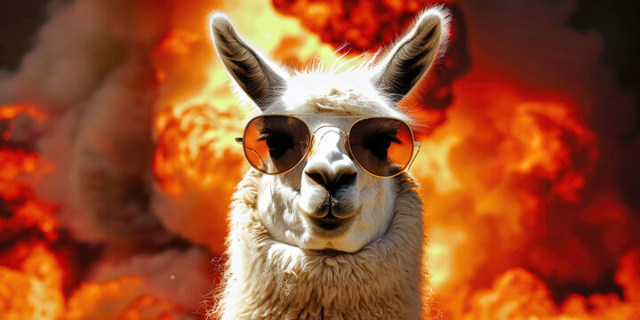 Cool Llama with Sunglasses, a llama wearing sunglasses, with a dramatic nuclear explosion in the background. The llama's calm demeanor combines humor with intensity for an eye-catching visual.