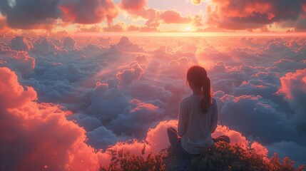 Obraz premium Person Sitting on Edge of Clouds During Vibrant Sunset Over a Dreamy Landscape