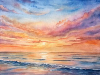 Obraz premium Softly blended watercolor hues of pink and orange dance across the sky, meeting the gentle waves of the serene ocean at dusk's peaceful horizon.