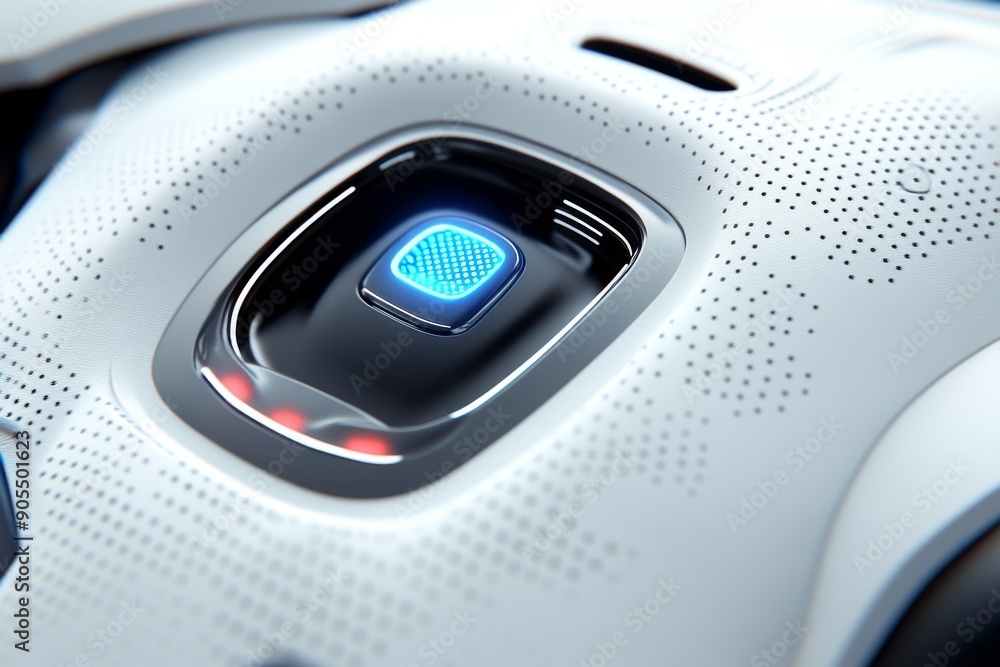 Poster white and blue robotic hand with integrated digital interface emphasizing connectivity and smart con