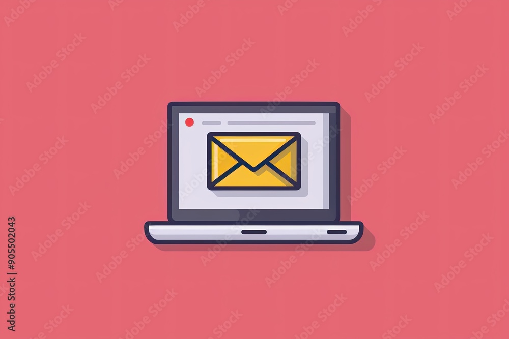 Poster laptop with a white screen and yellow envelope on it, in a flat design style with simple shapes and 