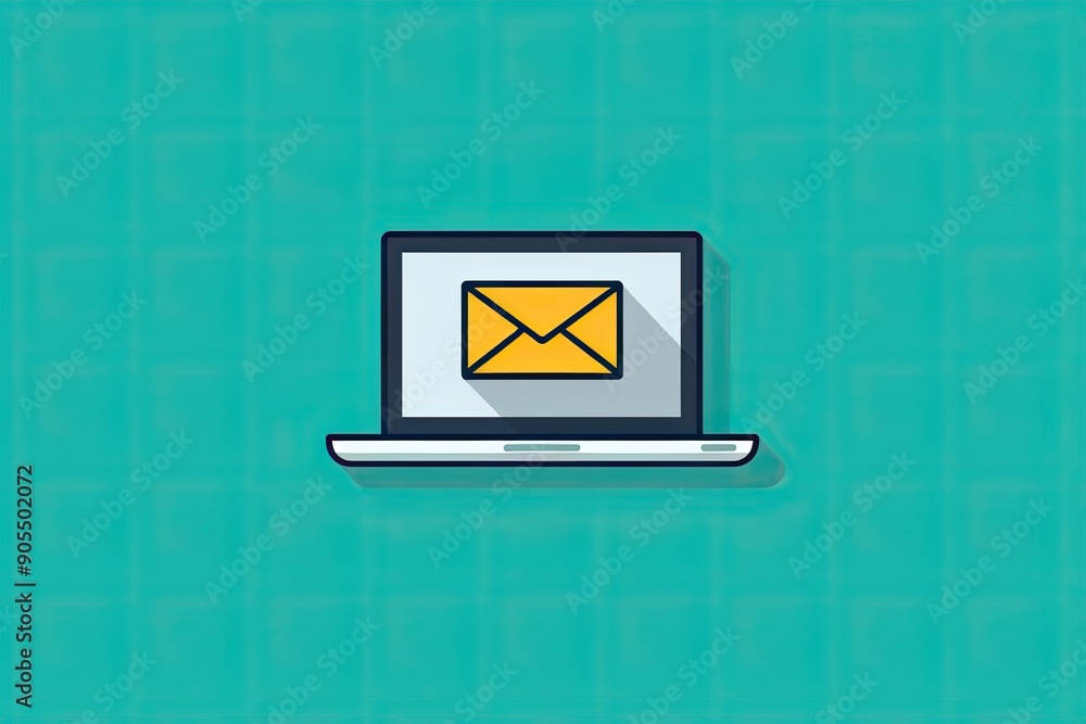 Poster laptop with a white screen and yellow envelope on it, in a flat design style with simple shapes and 