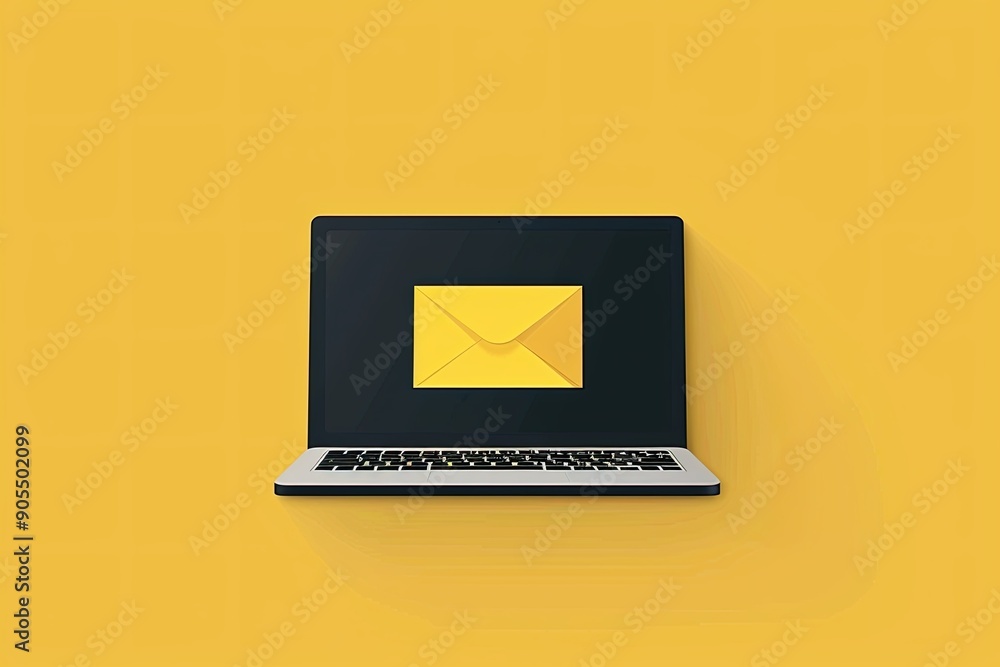 Poster a laptop with an open envelope on the screen, yellow background generative ai