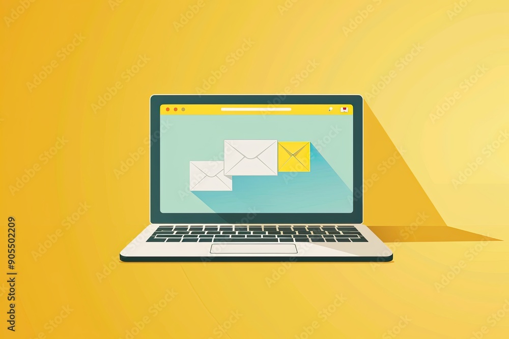 Aufkleber illustration of an open laptop with the screen showing two white envelopes on a yellow background, s