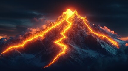 Naklejka premium A glowing mountain climbing route leading to the peak, symbolizing a journey towards success in business.