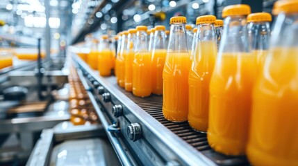 Manufacturing Production. Conveyor Belt with Juice in Bottles on Factory Line