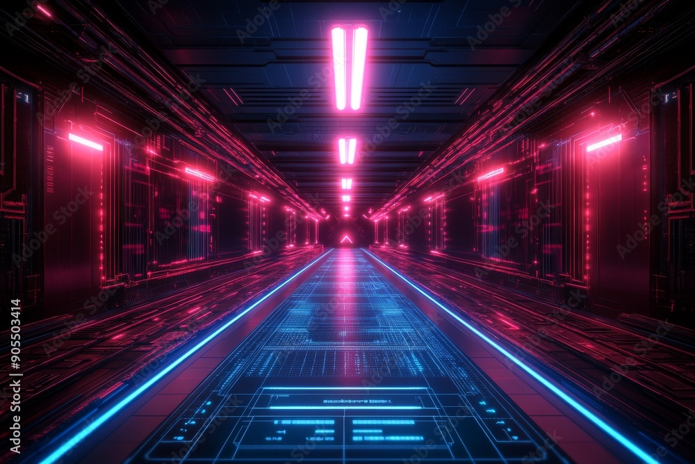 Poster futuristic corridor with vibrant neon lights reflecting the path of progress in robotic and digital 