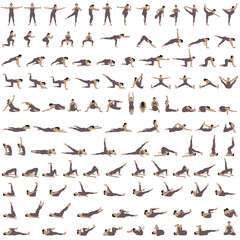 Big collection of colored vector silhouettes of woman practicing fitness and yoga exercises. Illustration of slim girl in sportive costume working out in different poses isolated on white background.