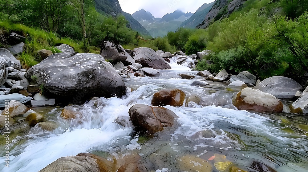 Poster a close-up of a mountain stream flowing over rocks, creating a refreshing sound and a sense of vital