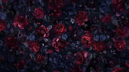 A dark floral print against a background of deep tones of dark blue, burgundy, and black looks elegant and romantic. Seamless pattern with burgundy flowers and dark leaves.