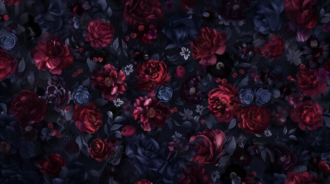 A dark floral print against a background of deep tones of dark blue, burgundy, and black looks elegant and romantic. Seamless pattern with burgundy flowers and dark leaves.