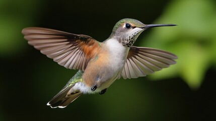Fototapeta premium Hummingbird captured in mid-flight, displaying intricate feather patterns and graceful movement.